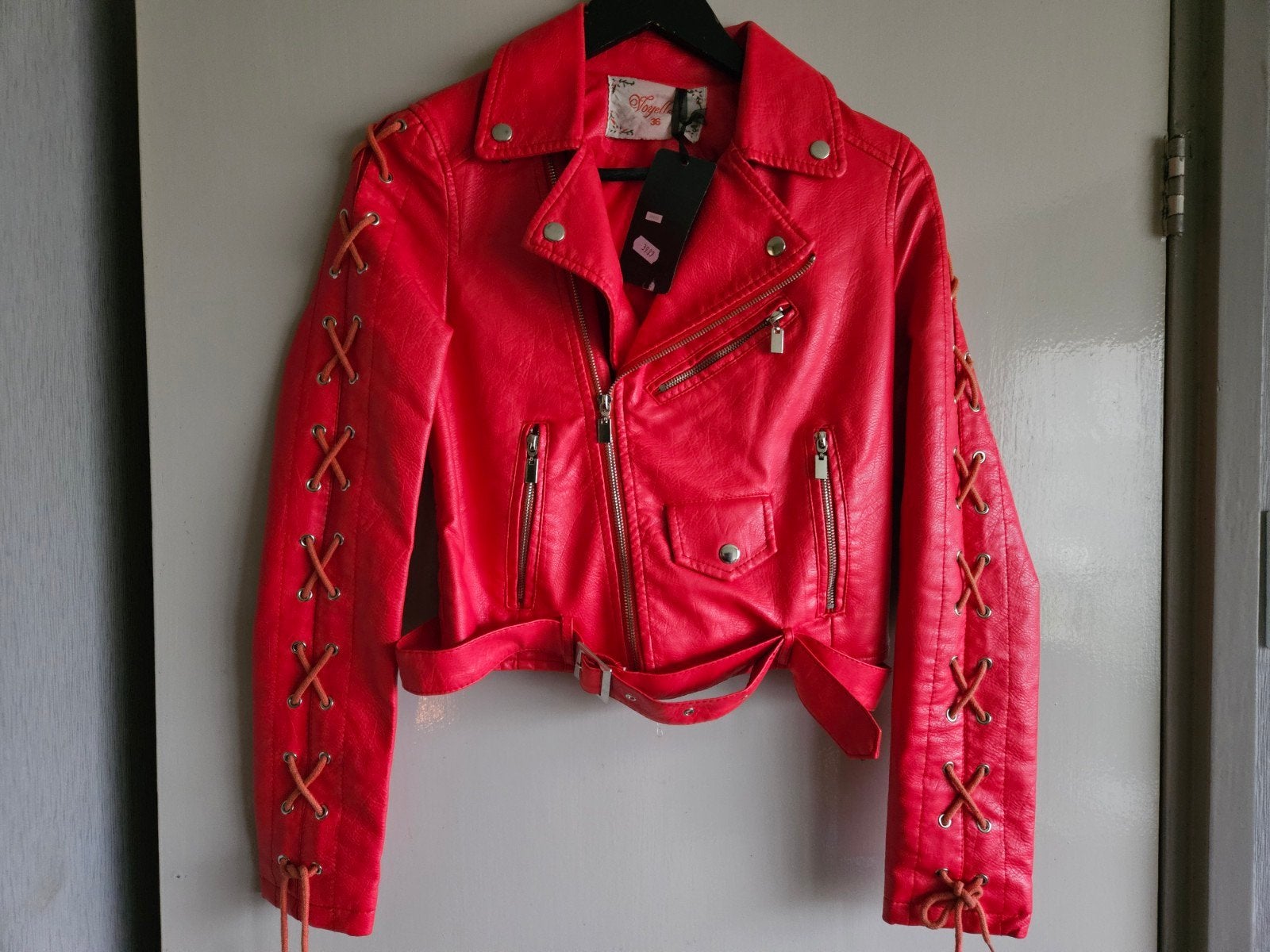 Rood bikerjack met vetersluiting - Maat S, Ophalen of Verzenden, Nieuw, Maat 36 (S), Rood