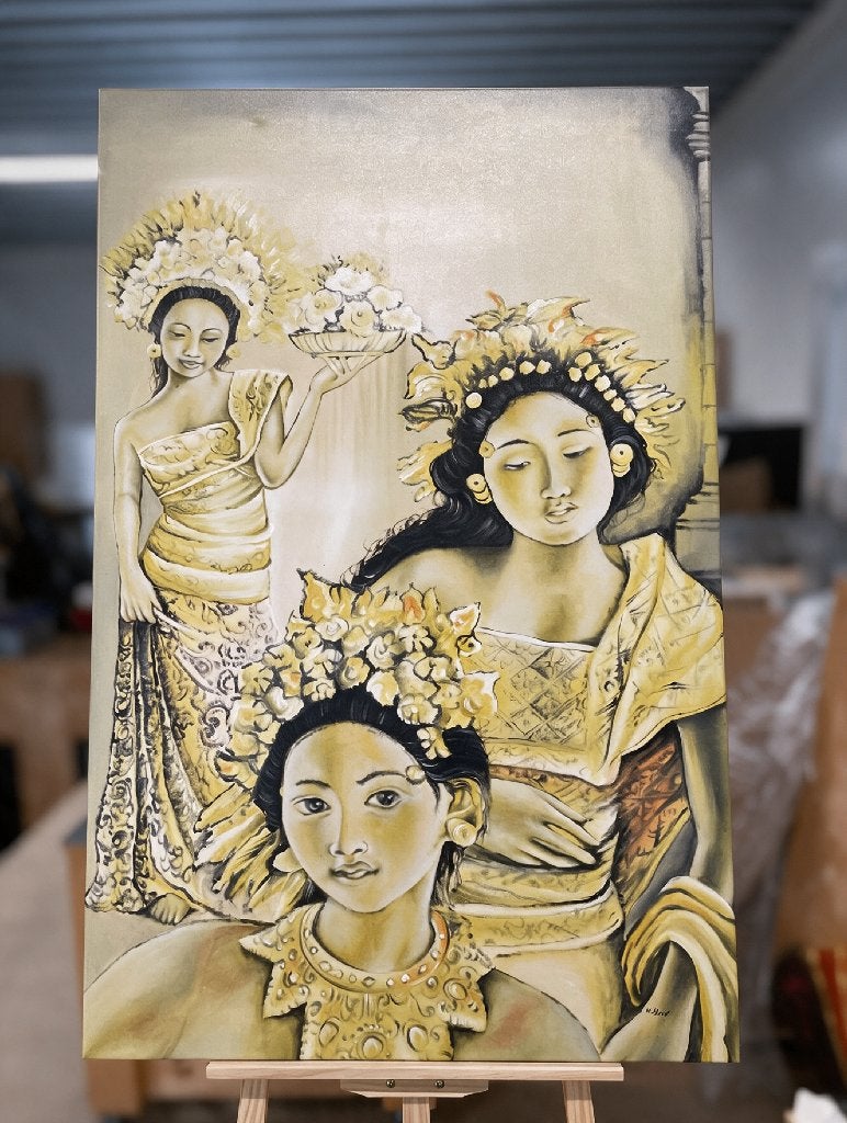 Oriental Girls door M. Minst - Handgeschilderd XL schilderij, Antiek en Kunst, Ophalen, Acrylverf, Doek, Portret of Personen