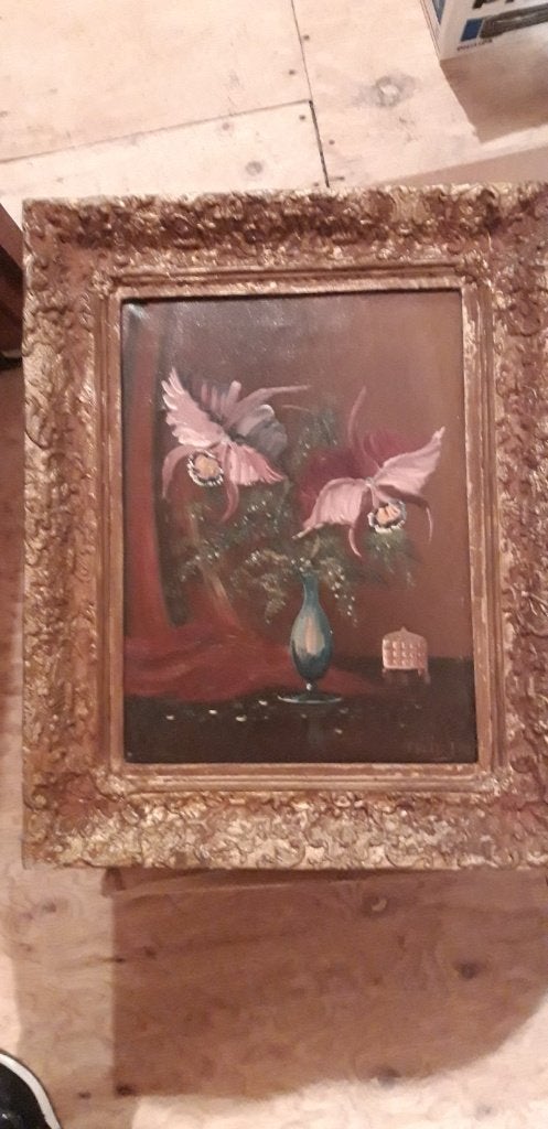 te koop antiek schilderij aparte bloemen in vaas !!, Ophalen of Verzenden