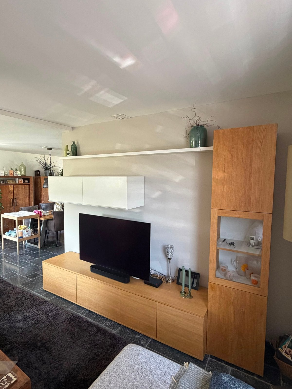 Op maat gemaakt tv-meubel van eiken MDF en gespoten MDF, Ophalen, 200 cm of meer, Eikenhout, Zo goed als nieuw