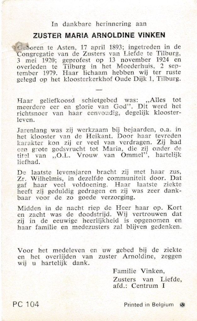 Vinken Maria 1893 Asten 1979 Tilburg zuster, Ophalen of Verzenden, Bidprentje