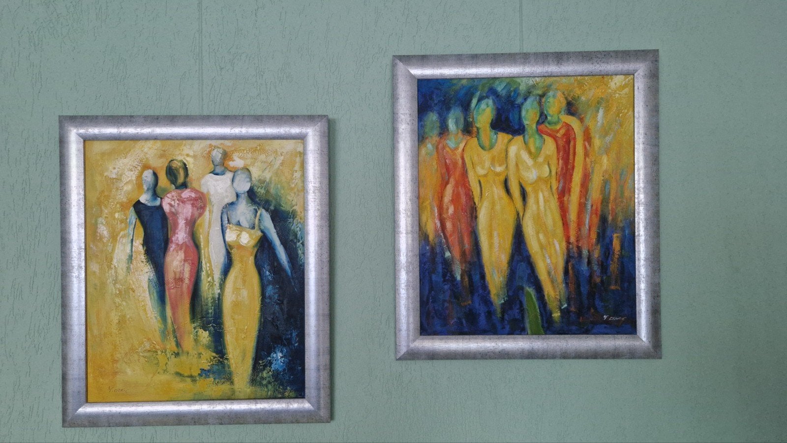2 abstracte schilderijen met figuren, 71x61 cm, Ophalen, Figuren, Overige materialen, Ingelijst