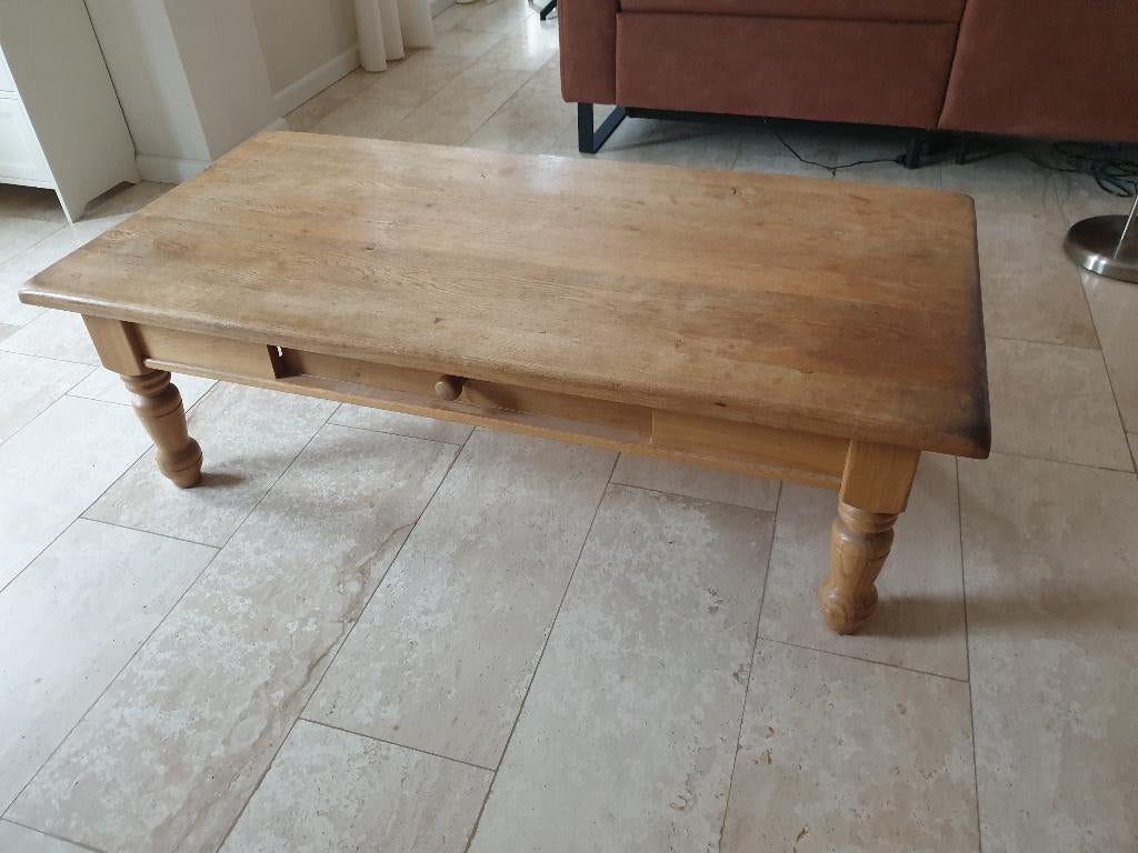 massief eiken salontafel met lade, Huis en Inrichting, Tafels | Salontafels, Ophalen, Gebruikt, 100 tot 150 cm, Eikenhout