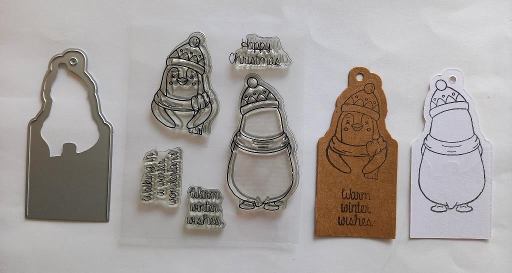 Stempel + snijmal pinguïn cadeau label, Verzenden, Zo goed als nieuw, Clearstamp