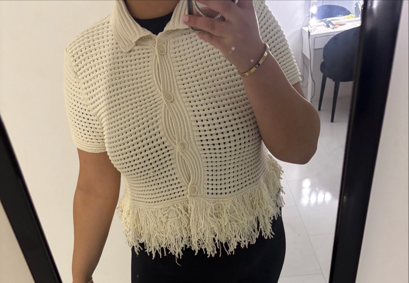Zara gehaakt vestje met franjes - Crème, Ophalen of Verzenden, Zo goed als nieuw, Maat 46/48 (XL) of groter, Beige