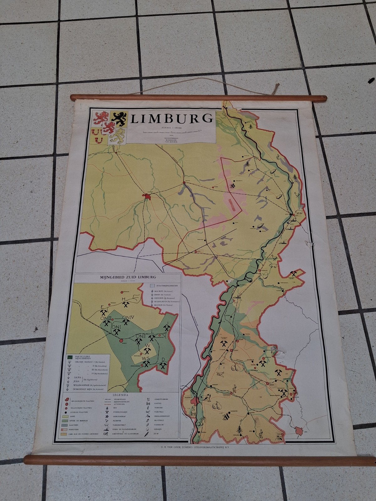 Vintage wandkaart Limburg - Mijngebied Zuid Limburg, Landkaart, 1800 tot 2000, Nederland, Ophalen