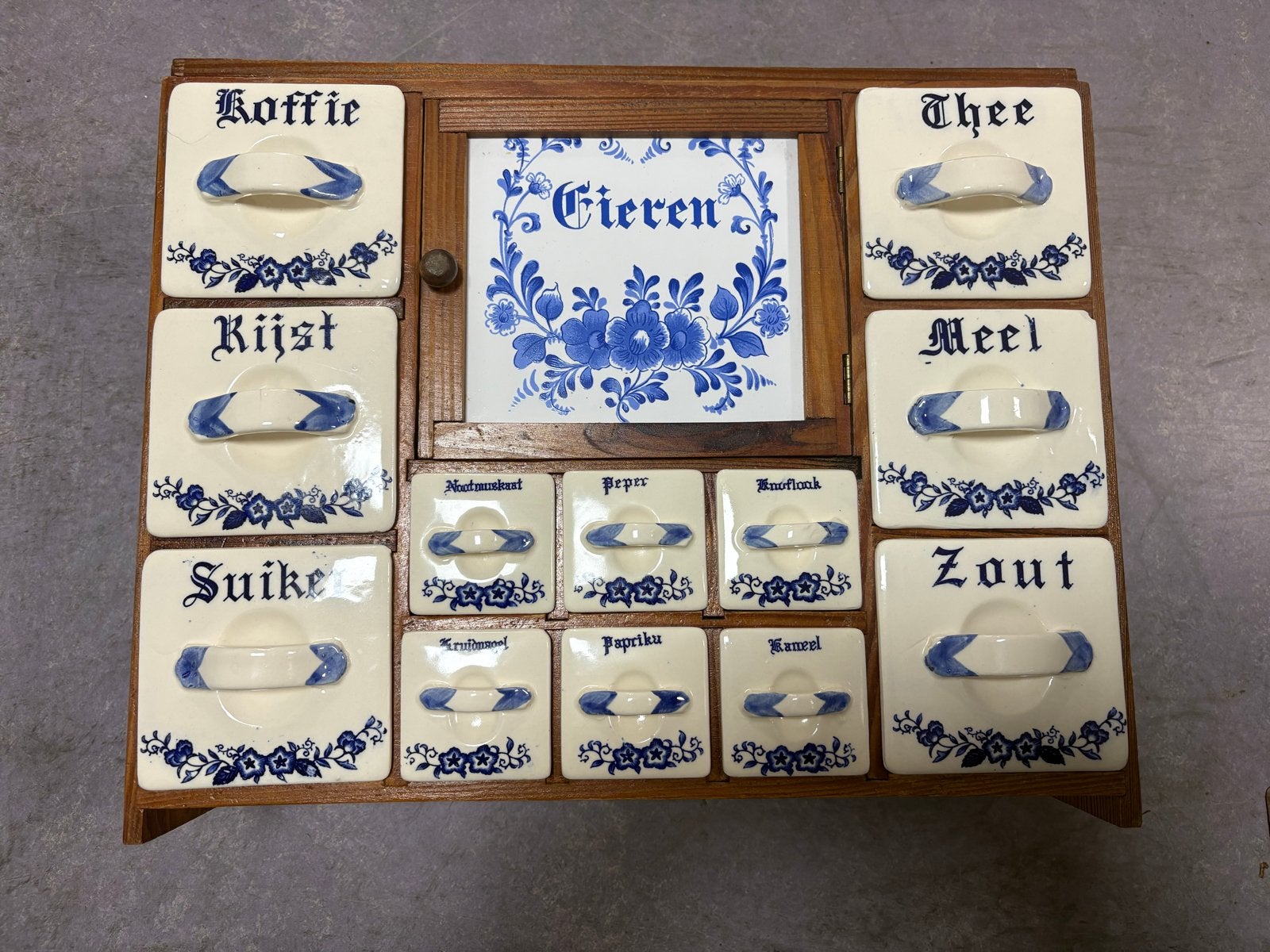 Vintage Delfts Blauw kruidenrek met 11 porseleinen potjes, Ophalen of Verzenden