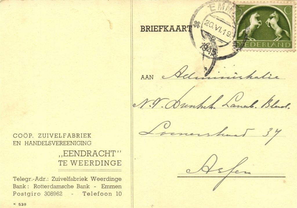 Eendracht te Weerdinge - 06.1945 - briefkaart, Ophalen of Verzenden, Briefkaart