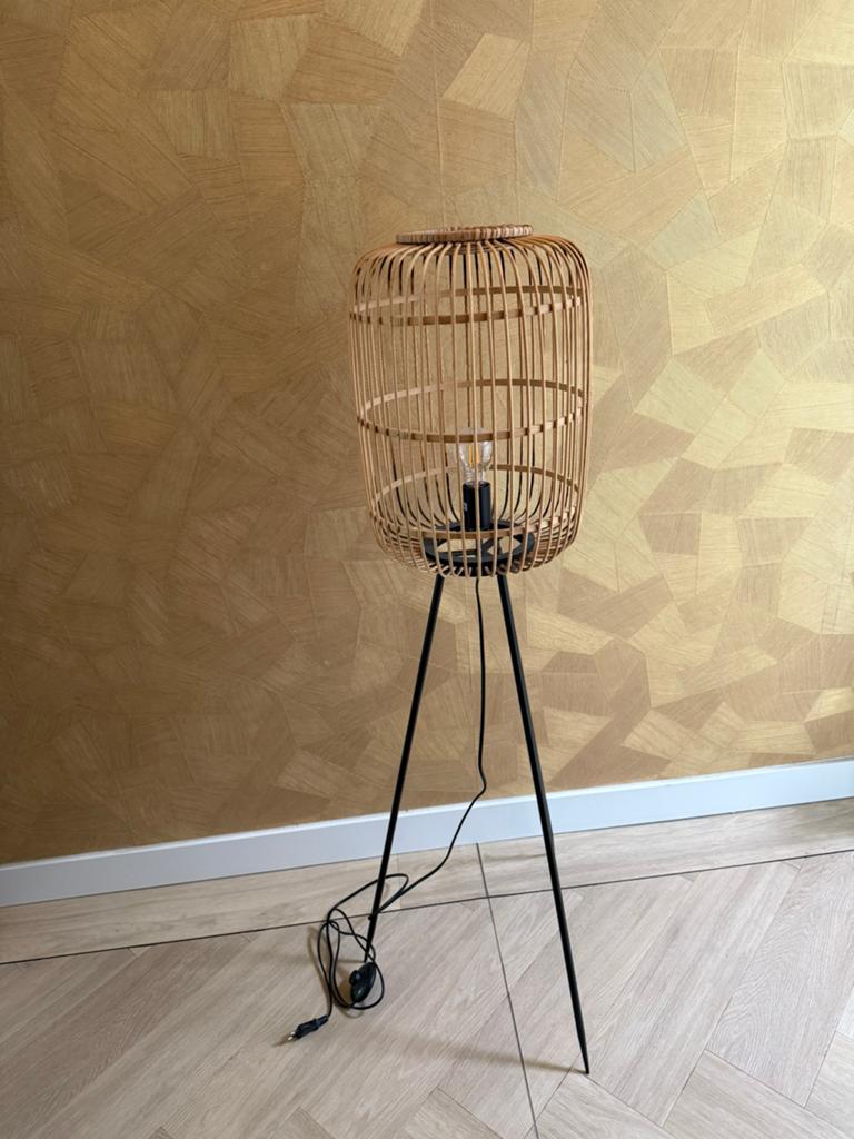 Vloerlamp bamboe japandi zwart staal, Ophalen, Overige materialen, 100 tot 150 cm, Zo goed als nieuw