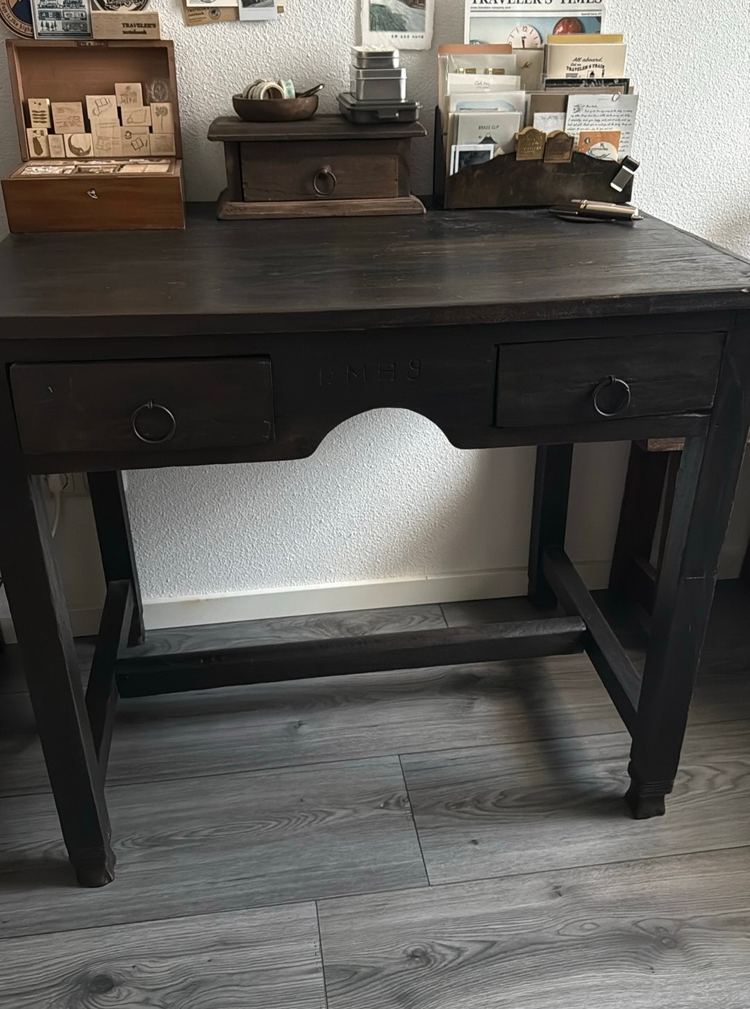 Uniek donkerbruin hout india bureau sober vintage rustiek, Ophalen, Gebruikt