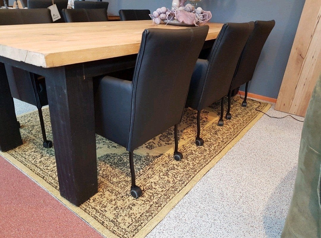 Nw 6 design eetkamerstoelen zwart leer zwarte poten wielen, Ophalen of Verzenden, Zwart, Leer, Vijf, Zes of meer stoelen