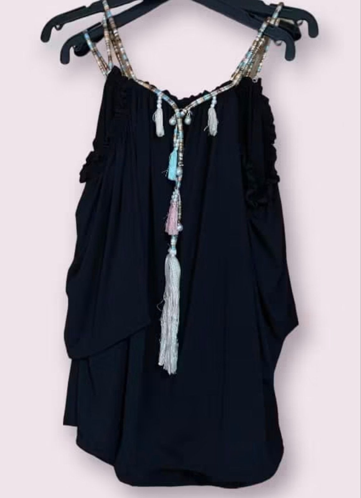 Donkerblauwe Ibiza style jurk met franjes (onesize t/m XXL), Kleding | Dames, Jurken, Ophalen of Verzenden, Nieuw, Maat 46/48 (XL) of groter