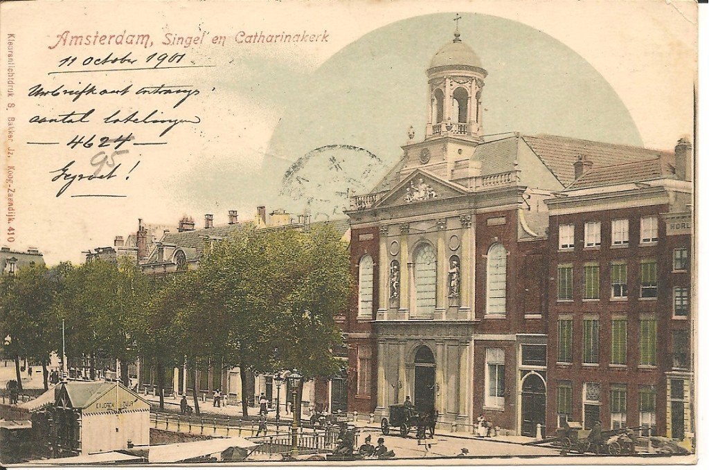 Ansichtkaart Amsterdam Singel en Catharinakerk 1901, Ophalen of Verzenden, Voor 1920, Gelopen, Noord-Holland