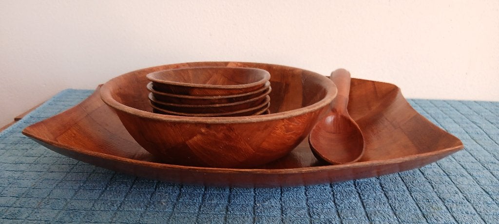 Snack/pinda set van gevlochten hout/bamboe, Overige merken, Ophalen of Verzenden, Zo goed als nieuw, Kom(men)
