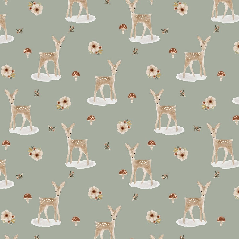 OUTLET : Coupon jersey stof hertjes, sage, Hobby en Vrije tijd, Stoffen en Lappen, Overige kleuren, 120 cm of meer, Nieuw, Ophalen of Verzenden