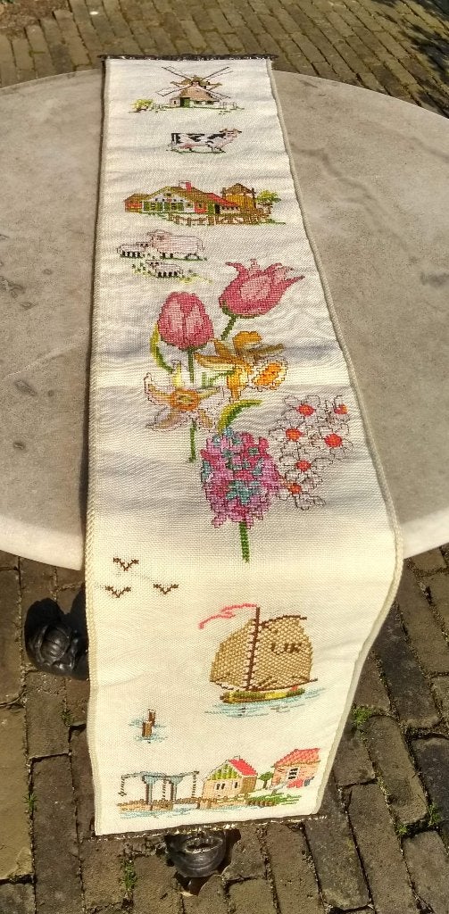Vintage schellekoord geborduurd loper merklap Nederland (SK1, Ophalen of Verzenden, Gebruikt, Handborduren, Overige typen