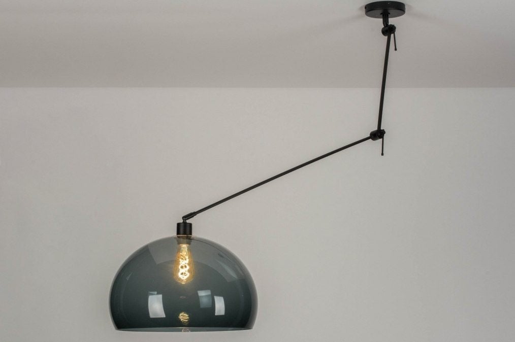 verstelbare hanglamp zwarte stang rookglas retro kap v tafel, Ophalen of Verzenden, Nieuw, Metaal, Minder dan 50 cm