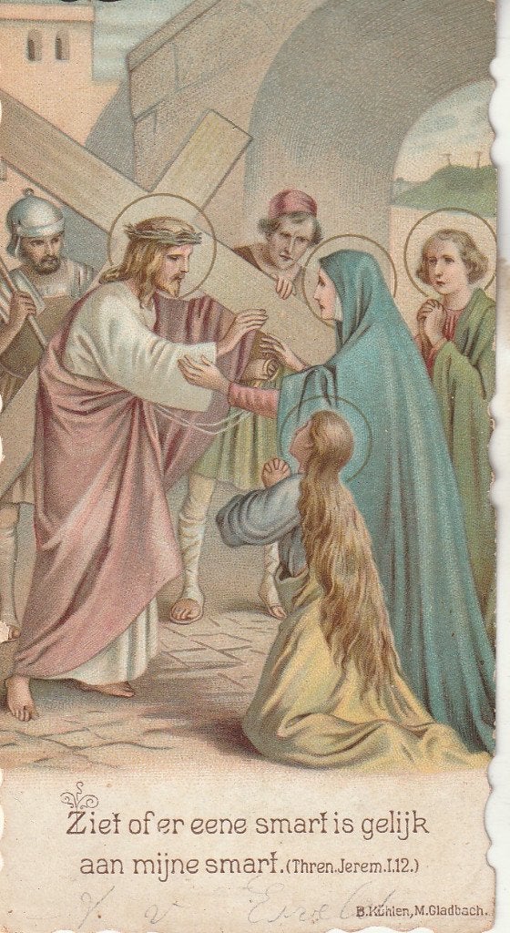 Antieke prent: Jezus ontmoet Maria op weg naar Golgotha, Ophalen of Verzenden, Gebruikt, Kaart of Prent, Christendom | Katholiek