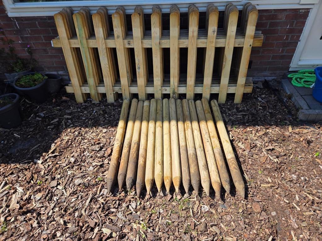 Houten tuinhek(8) met palen(14), geïmpregneerd grenen., Tuin en Terras, Tuinhekken en Hekwerk, Ophalen of Verzenden, Gebruikt