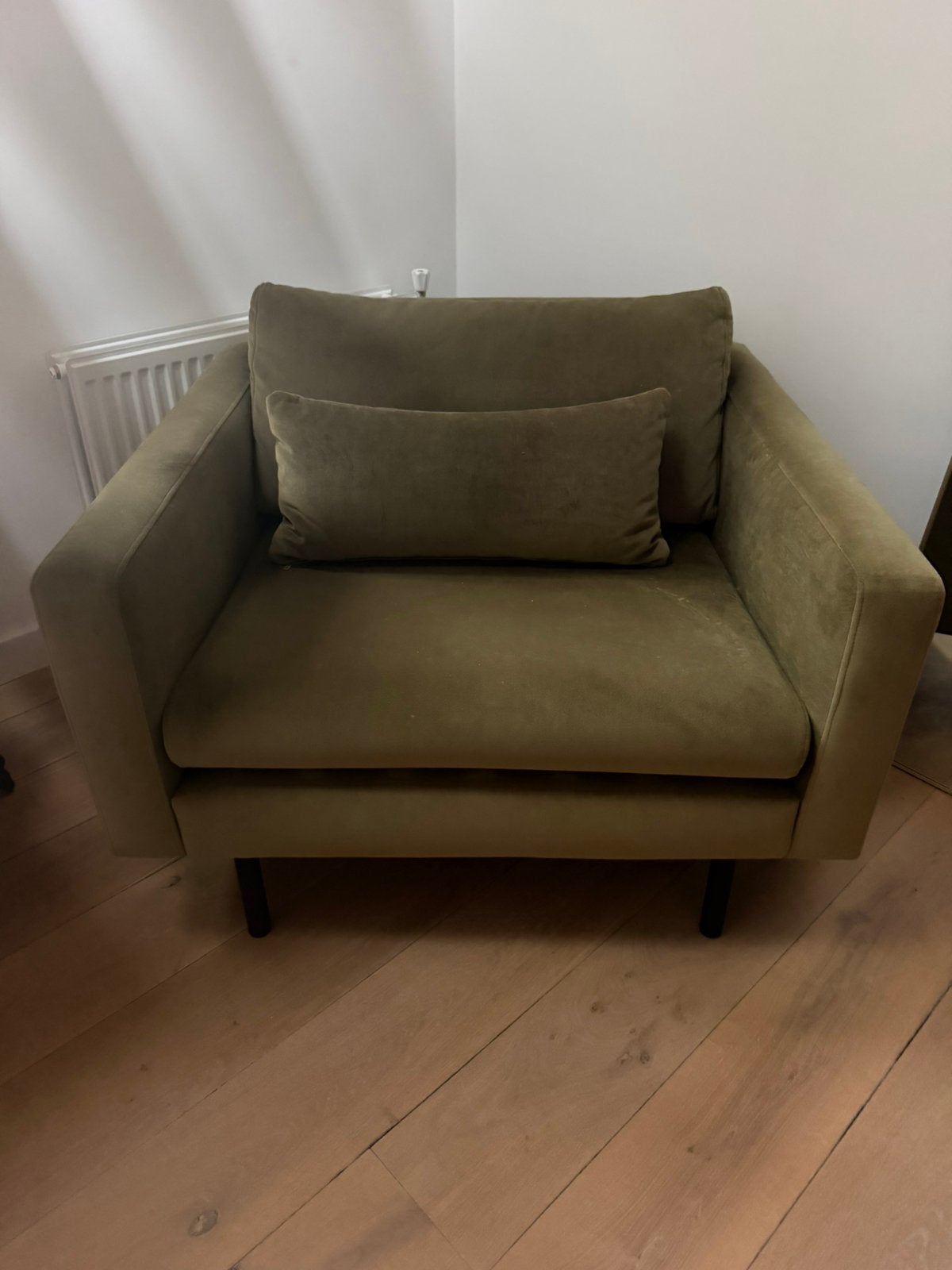 Olijf groene love seat fauteuil, Ophalen, Zo goed als nieuw, 75 tot 100 cm