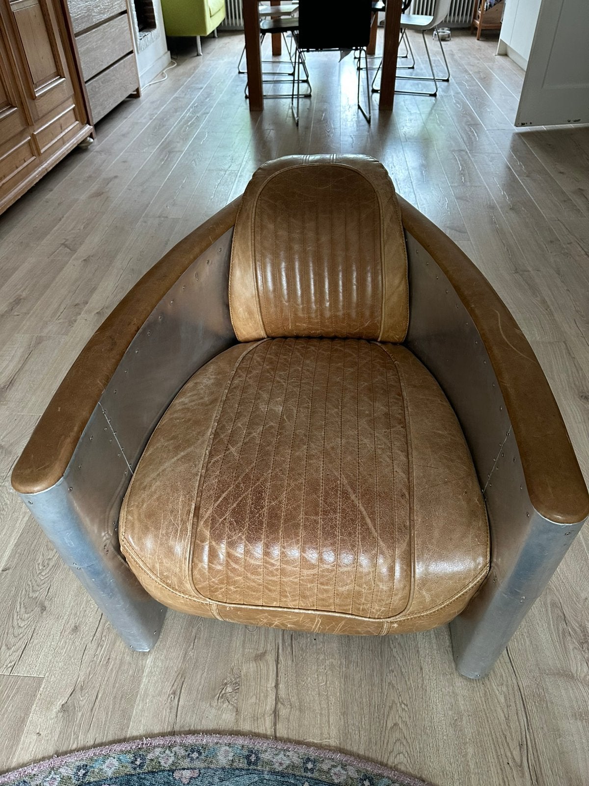 Vintage Aviator Fauteuil - Leer en Metaal, Ophalen, Gebruikt, Leer, 75 tot 100 cm