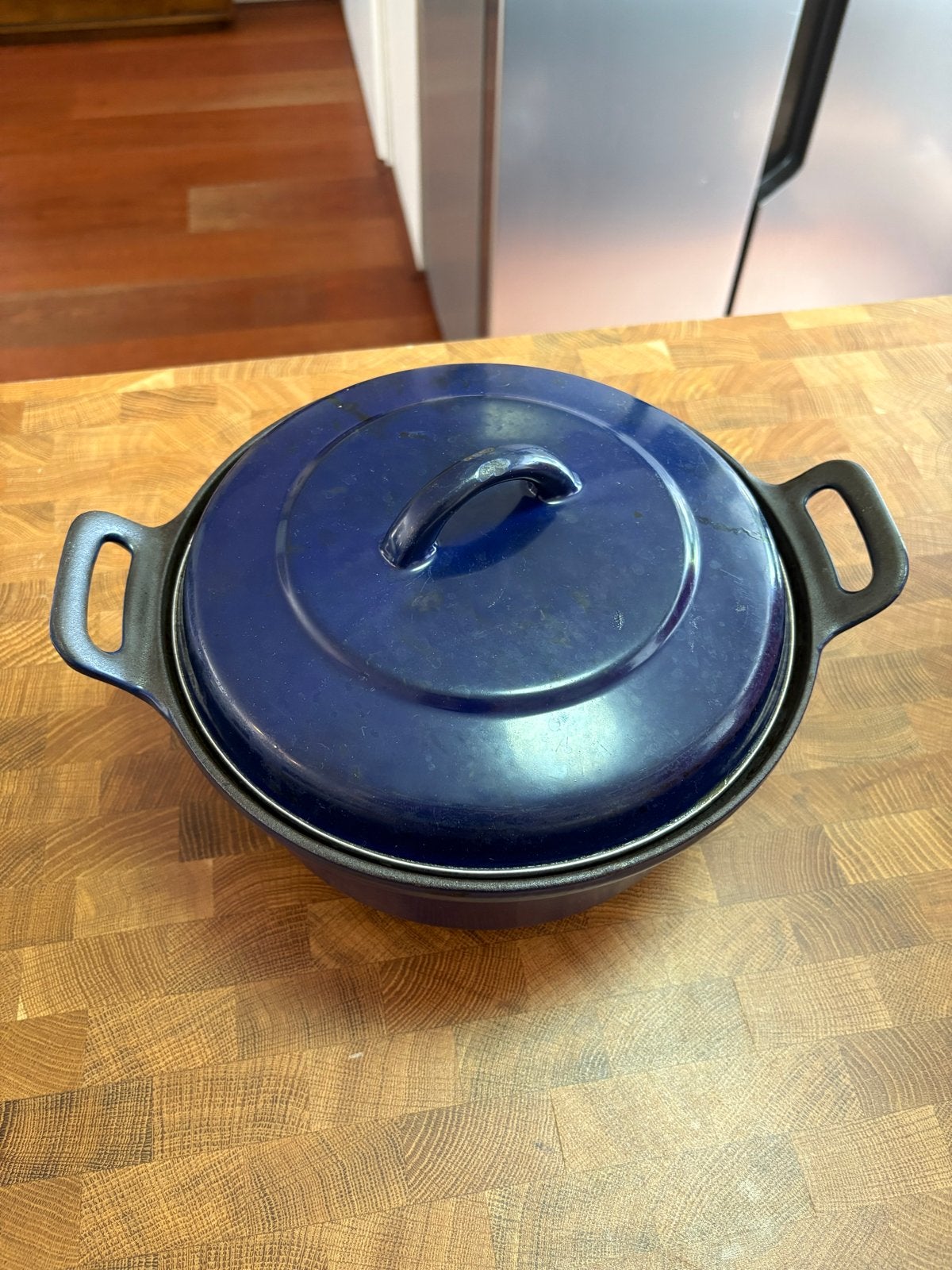 Blauwe gietijzeren braadpan met deksel, Ophalen, Gebruikt, Met deksel, Braadpan