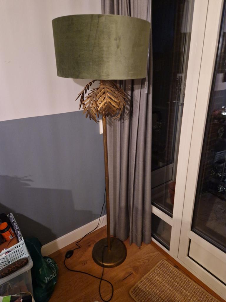 Stijlvolle staande lamp met fluwelen kap en bladmotief, Ophalen, Gebruikt, Metaal, 150 tot 200 cm