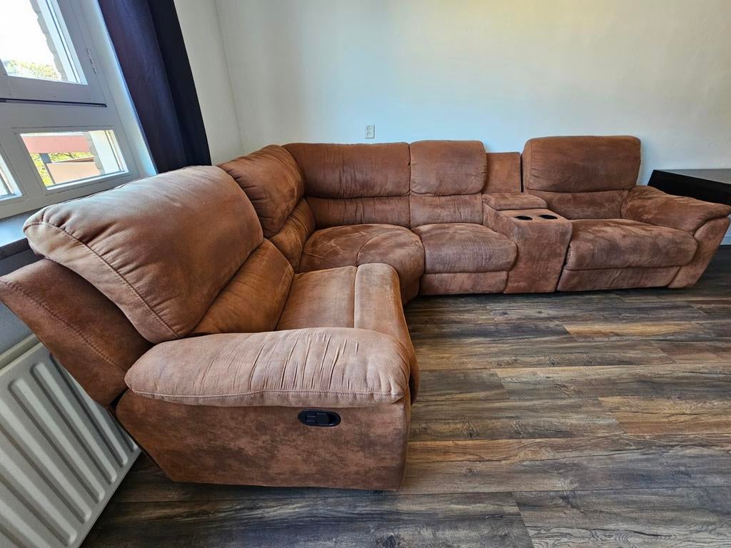 American Size 4-6zits Relaxbank - Cognac/Bruin Microvezel, Huis en Inrichting, Banken | Bankstellen, Ophalen, 250 tot 300 cm, Gebruikt