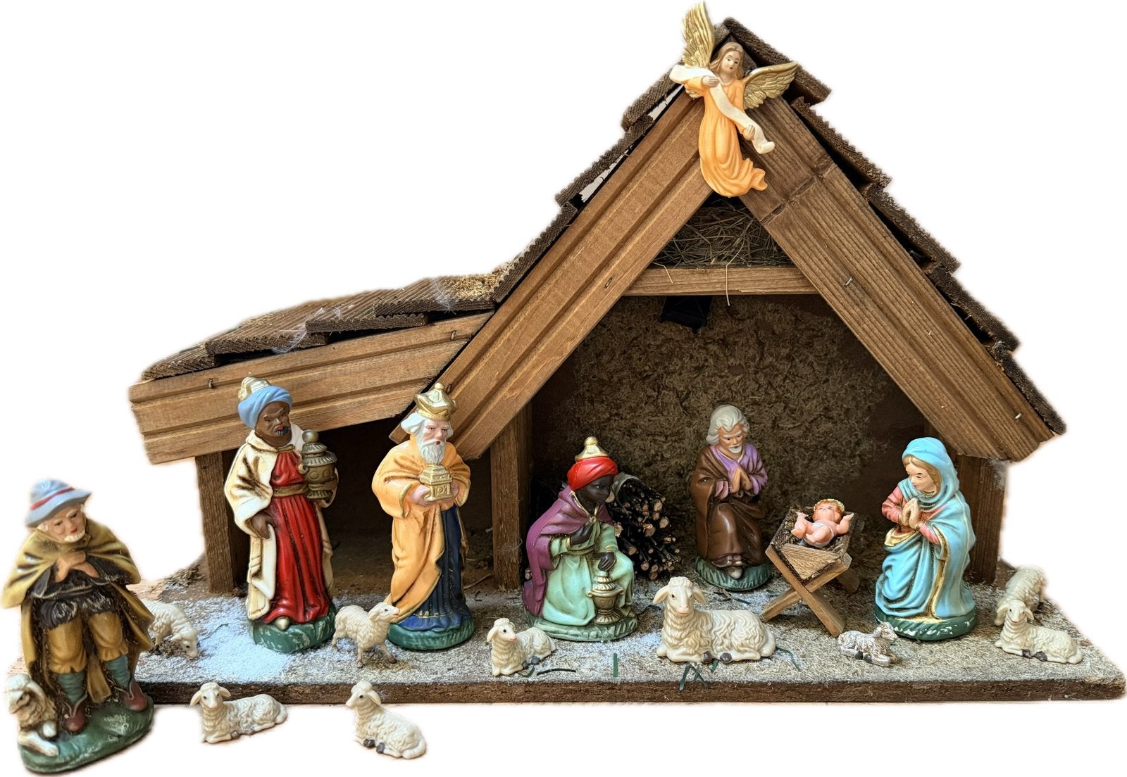 Vintage houten kerststal met complete beeldenset, Diversen, Ophalen of Verzenden, Gebruikt