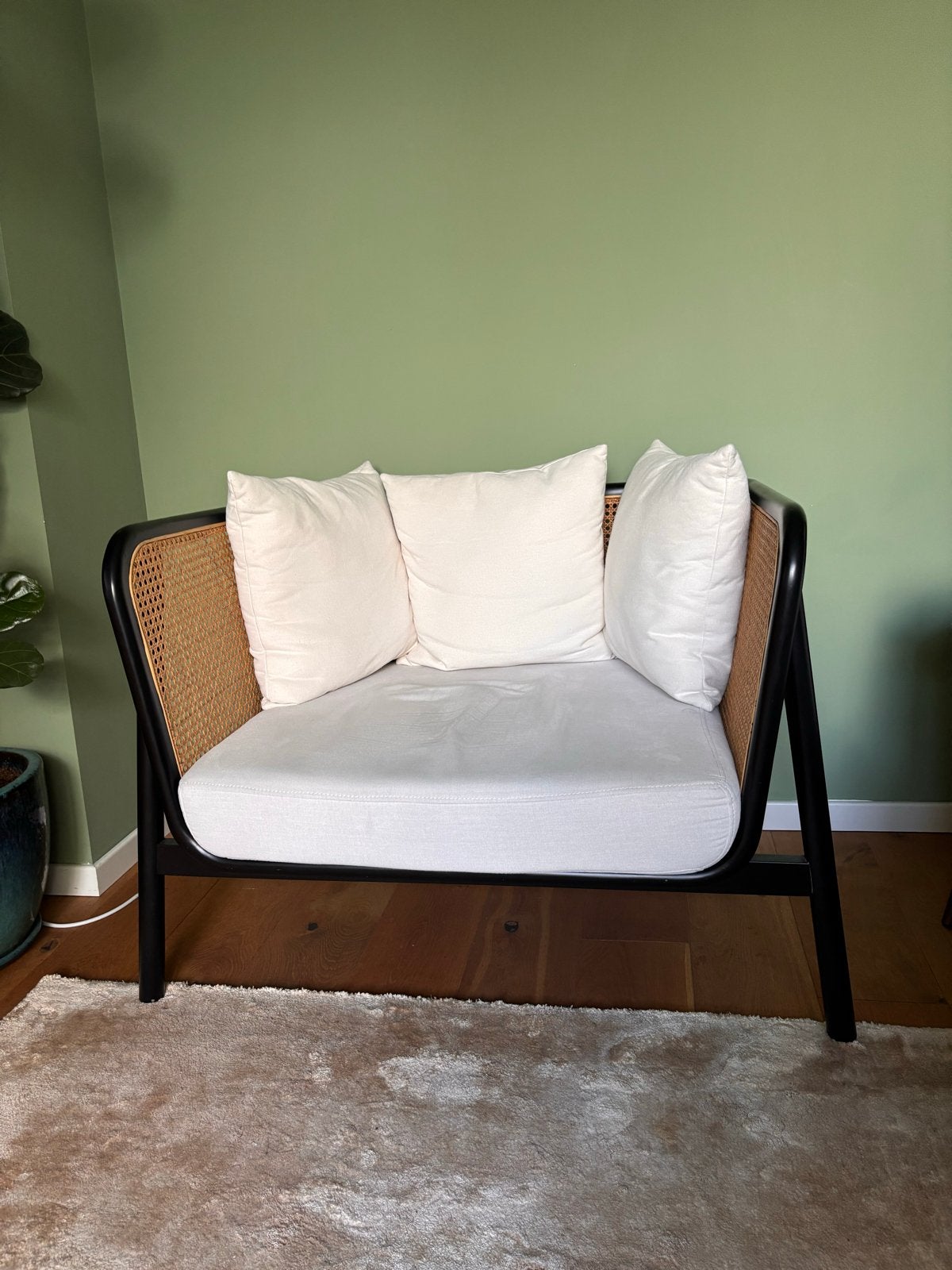 Loods 5 Mulan rotan fauteuil met kussens, Ophalen, Zo goed als nieuw, Hout, 75 tot 100 cm