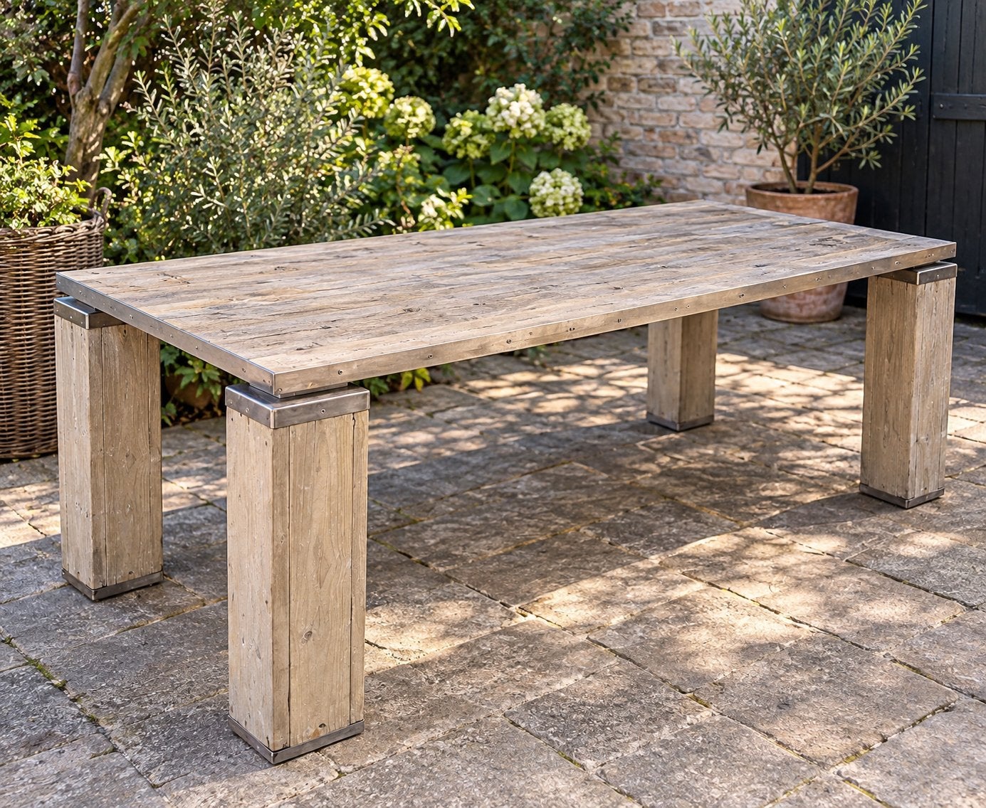 Unieke handgemaakte houten tuintafel – robuust en sfeervol, Ophalen, Zo goed als nieuw, Rechthoekig, Hout