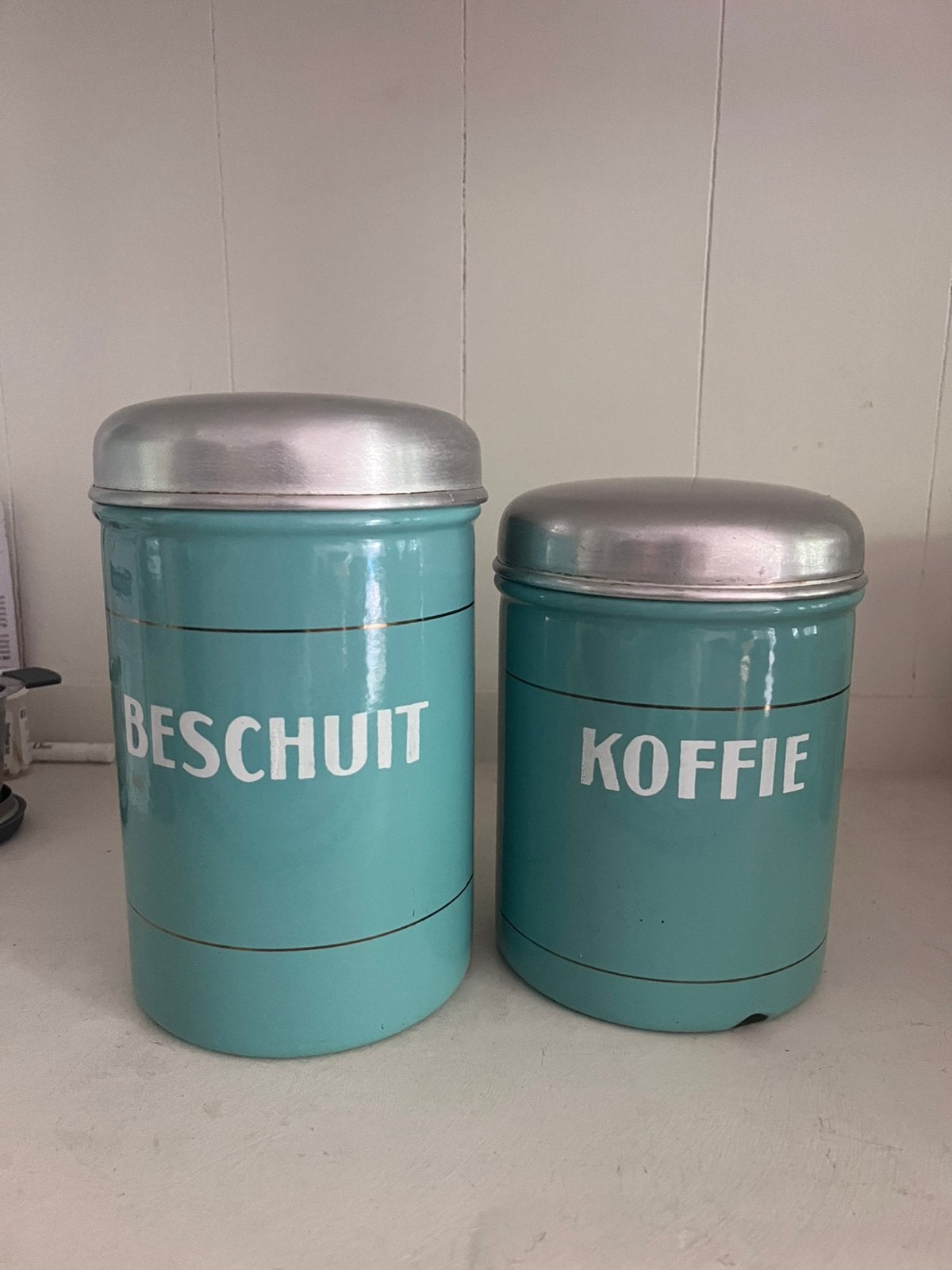 Mooie emaille beschuit en koffiie bus blauw/groen, Ophalen of Verzenden