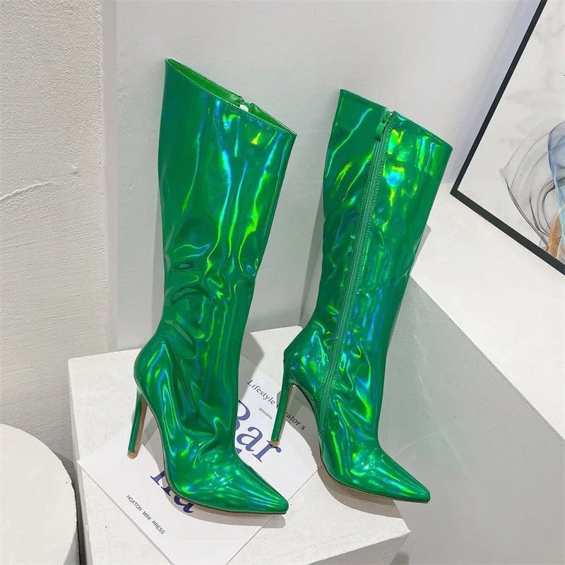 Groene glimmende hoge dames laarzen, Kleding | Dames, Schoenen, Verzenden, Nieuw, Groen, Hoge laarzen