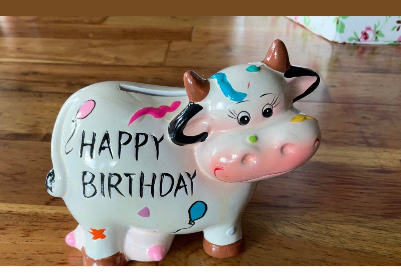 Spaarpot Koe - Happy Birthday, Verzamelen, Ophalen of Verzenden, Gebruikt, Steen, Aardewerk of Keramiek, Dier