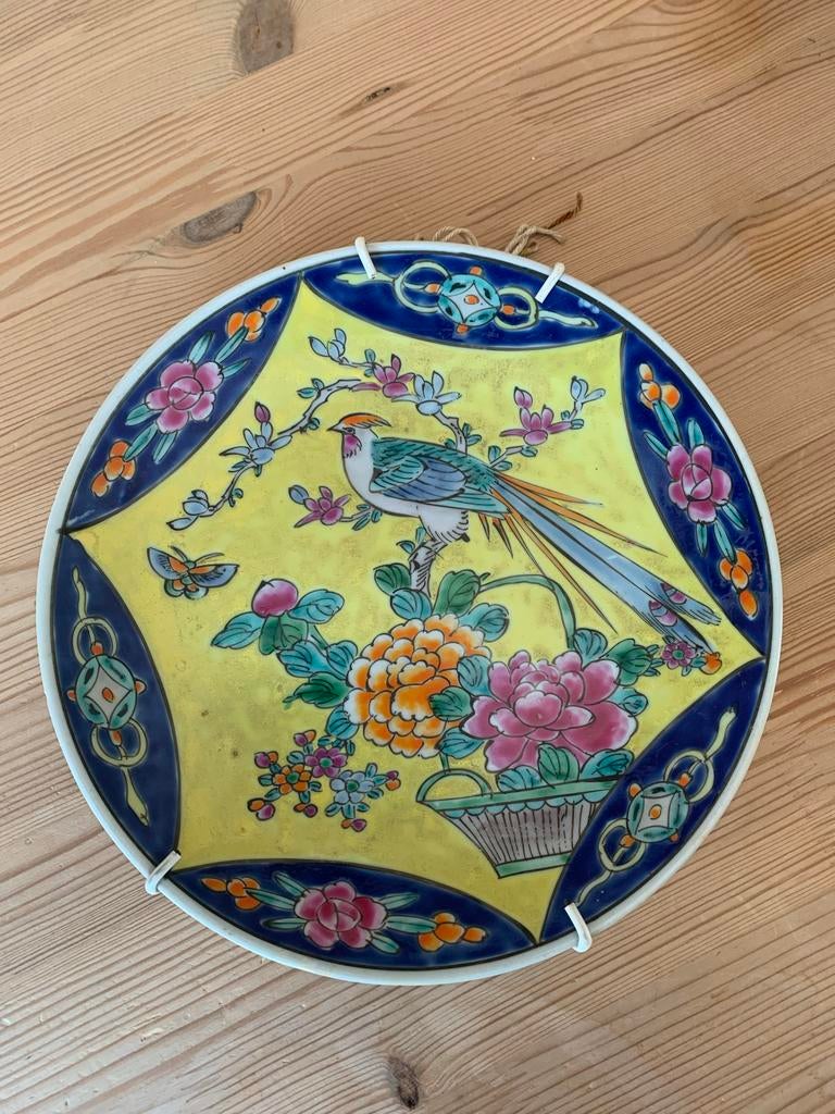 Decoratieve Japanse wandplaat met vogel en bloemen, Ophalen of Verzenden