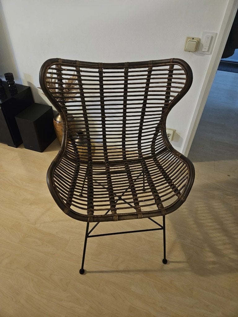 Metalen en natuurlijke rotan fauteuil, Huis en Inrichting, Fauteuils, Ophalen, Minder dan 75 cm, Metaal, 50 tot 75 cm