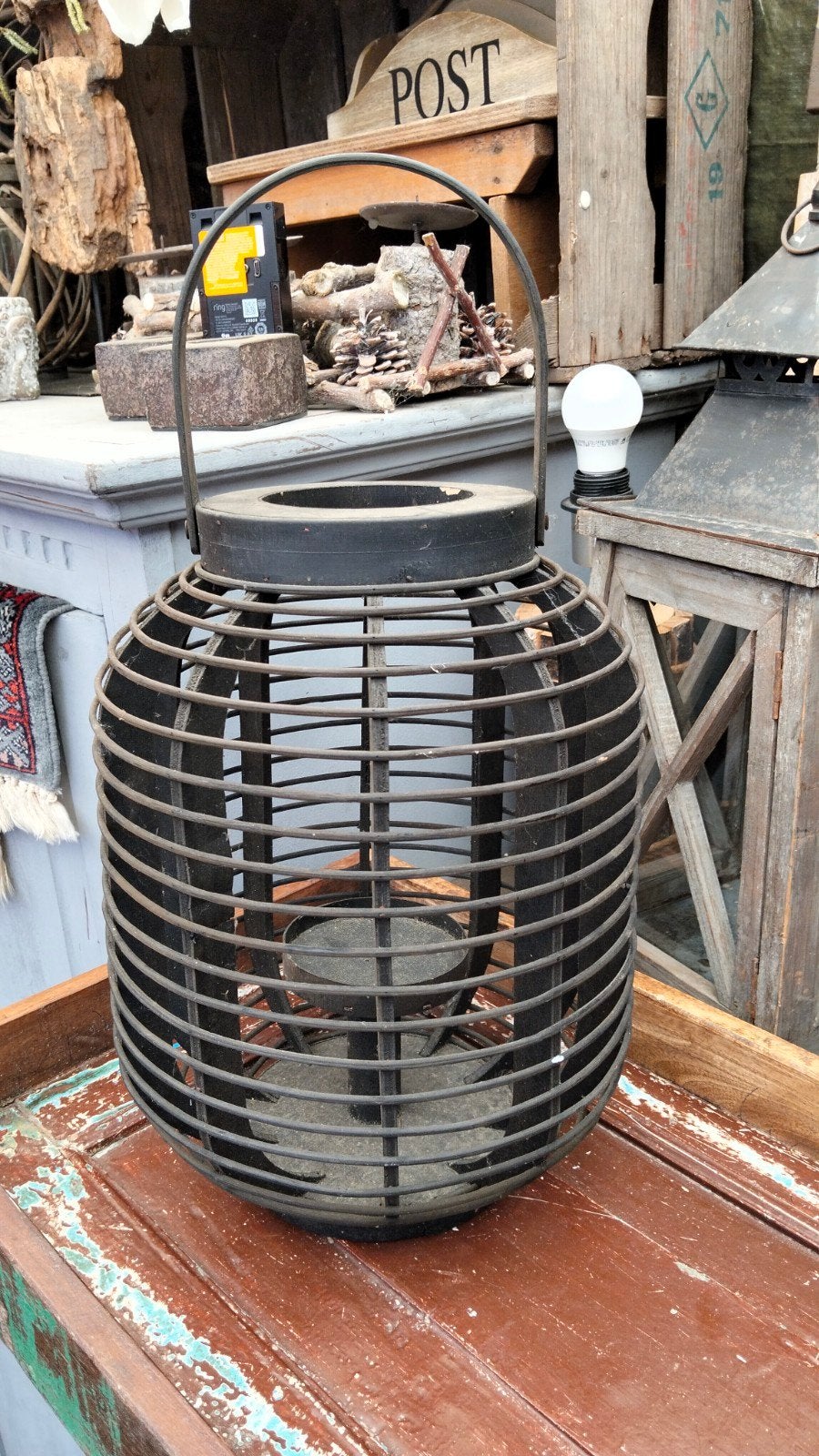 Brocante grote zwarte windlicht, Overige materialen, Windlicht, Gebruikt, .