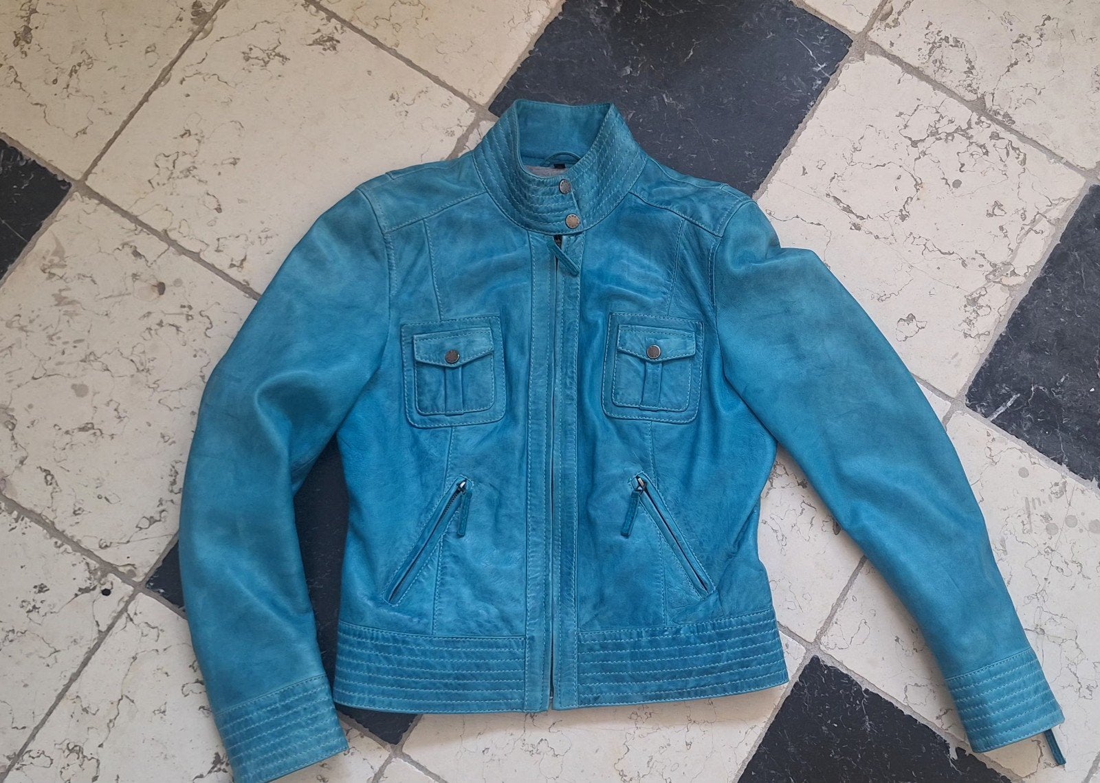 Prachtige soepele leren aquablauwe jas maat M/L | Oakwood, Maat 38/40 (M), Blauw, Ophalen of Verzenden, Oakwood