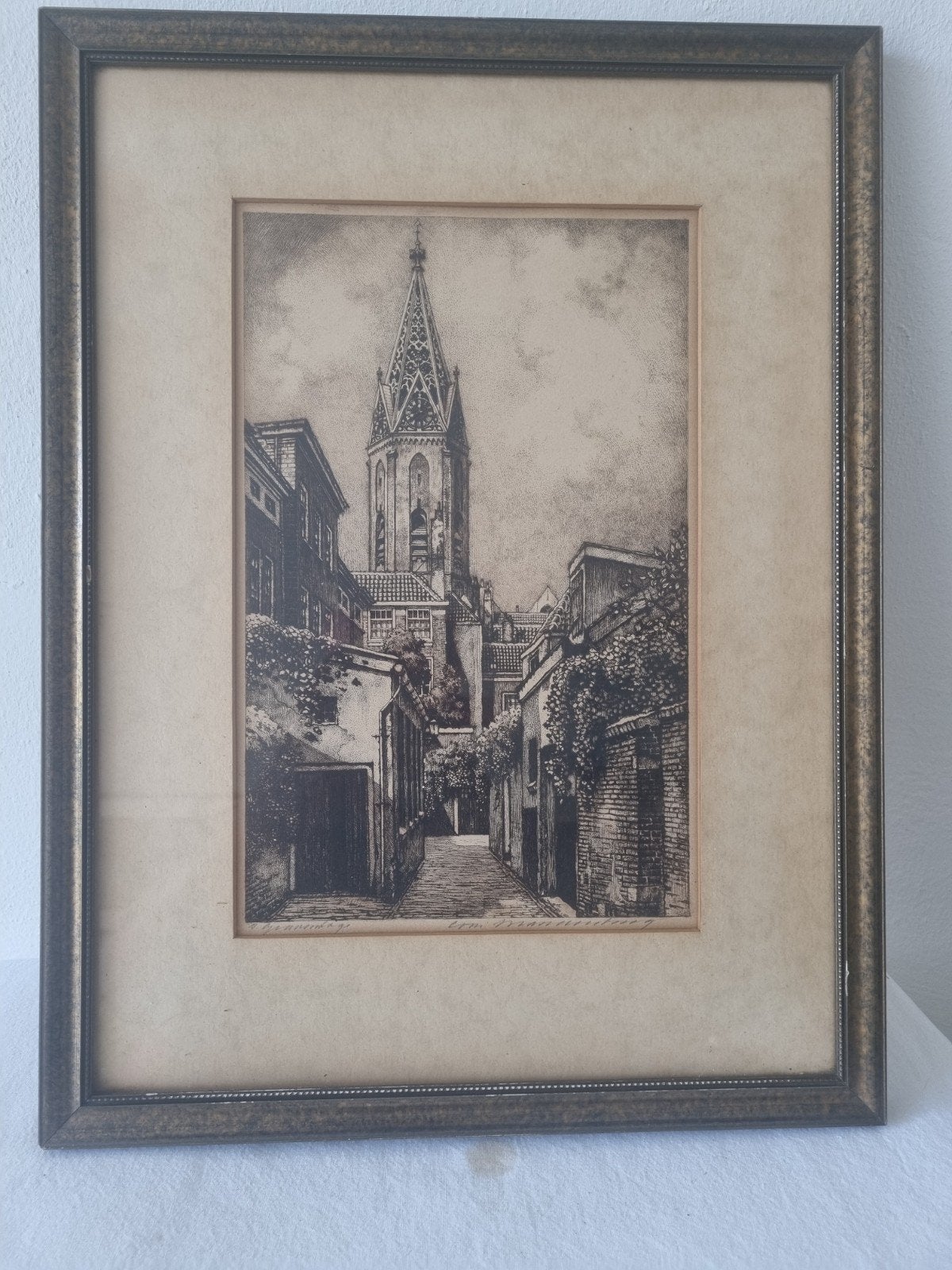 Oude ets van de st Jacobstoren Den Haag, Antiek en Kunst, Kunst | Etsen en Gravures, 34 cm, Ets, Stadsgezicht, Ophalen of Verzenden