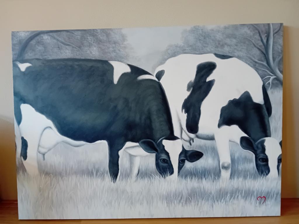 Zwart-wit canvas schilderij 2 koeien, Ophalen