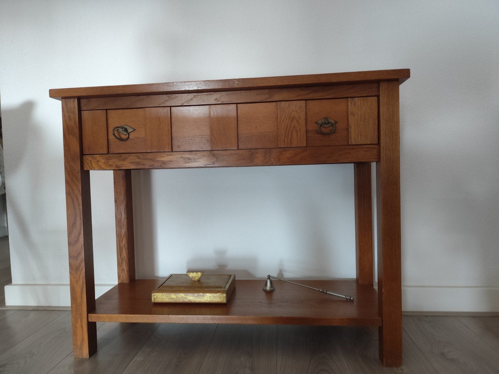 Massief eiken moderne sidetable met lade en plank, Huis en Inrichting, Ophalen, 50 tot 100 cm, Eikenhout, Zo goed als nieuw