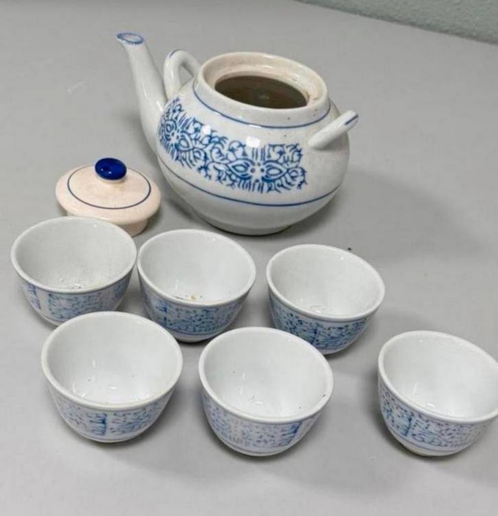 Antiek Chinese chinees thee-servies theepot 6 kopjes set, Antiek en Kunst, Antiek | Servies los, Ophalen of Verzenden