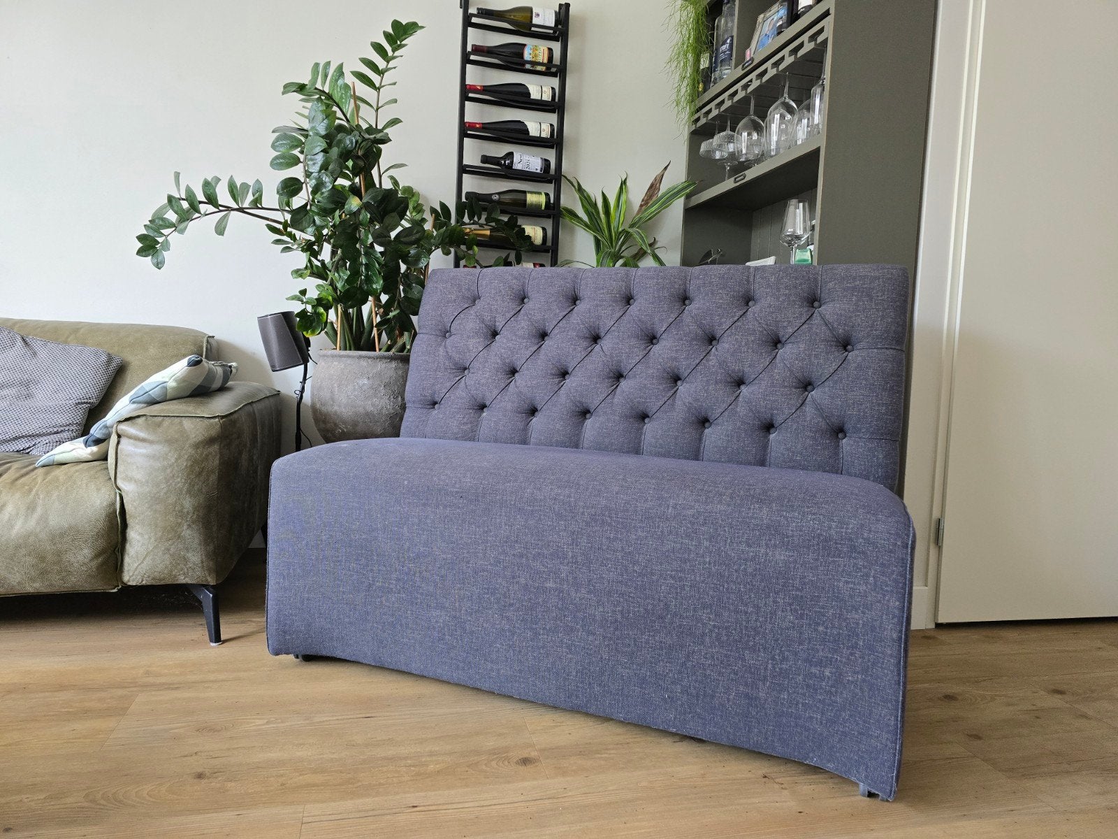 Antraciet Bank Eettafel met Wielen en Handgrepen, Ophalen, Gebruikt, Tweepersoons, 75 tot 100 cm