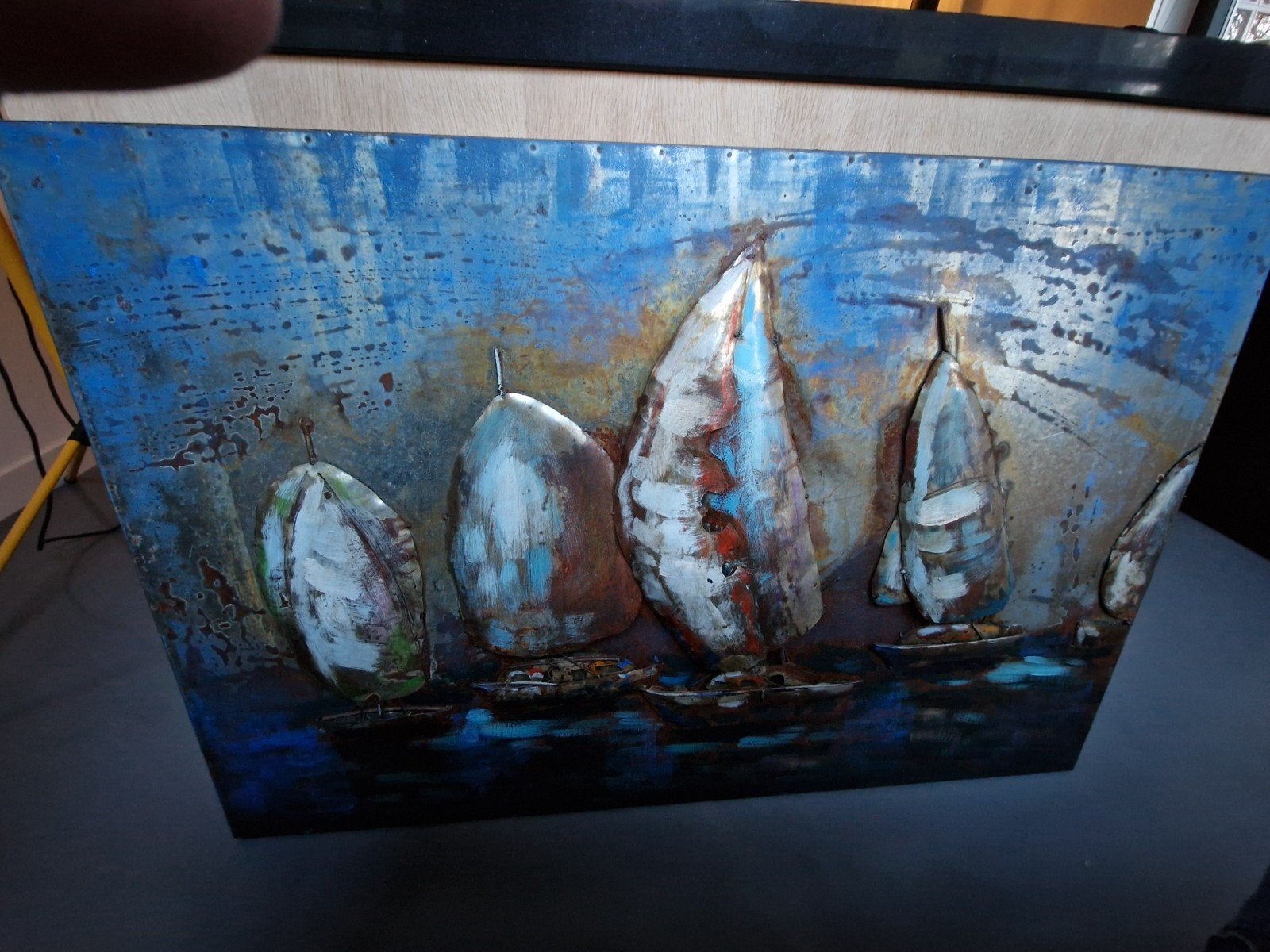 Metalen 3D Schilderij Zeilboten 120x80 cm, Ophalen, Gebruikt, Blauw, Metaal