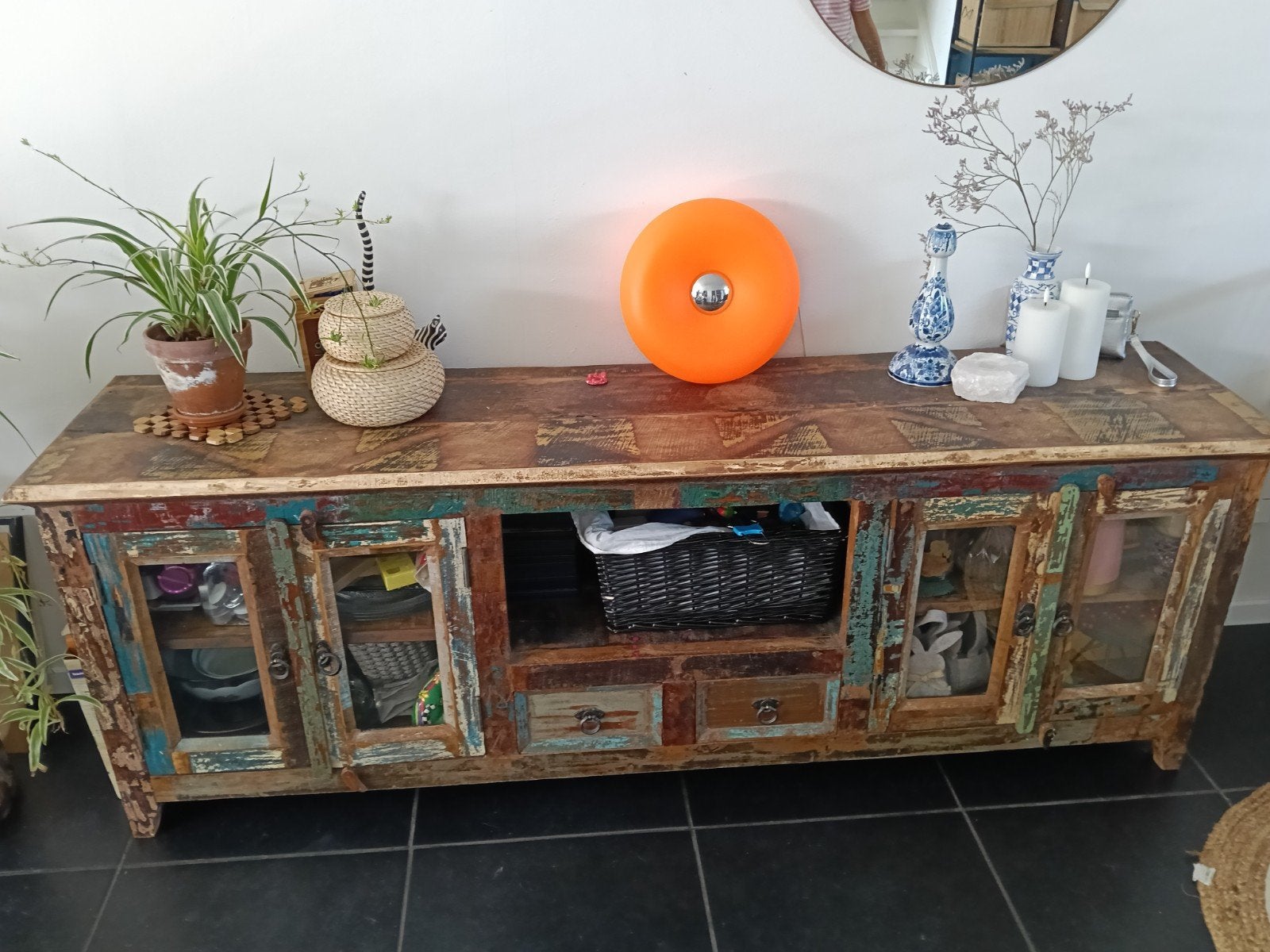Uniek houten dressoir/tv-meubel, Ophalen, Rustiek, Industrieel, Shabby Chic, Vintage, Gebruikt, 150 tot 200 cm