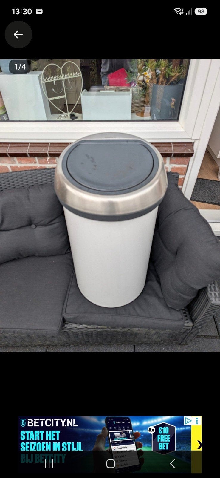 Brabantia prullenbak 60 liter, metaal, 70 cm hoog, Ophalen, 50 – 75, Gebruikt, 40 liter of meer