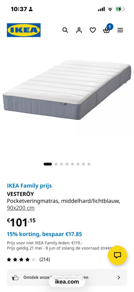 Ledikant + Pocketvering Ikea matras 90x200, Ophalen, 90 cm, Eenpersoons, Zo goed als nieuw