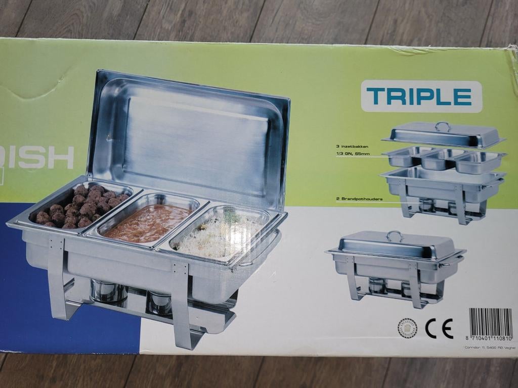 Triple Chafing Dish - Professionele Warmhoudbak, Ophalen, Overige typen, Zilver, Zo goed als nieuw