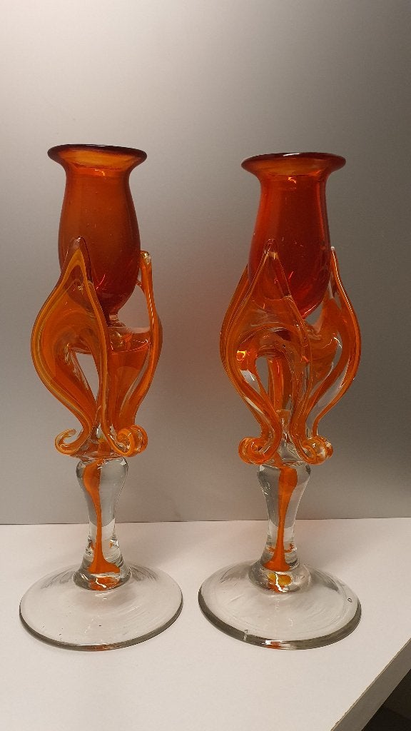 Jozefina Krosno Kandelaars Oranje Glas Set van 2, Ophalen of Verzenden, Glas