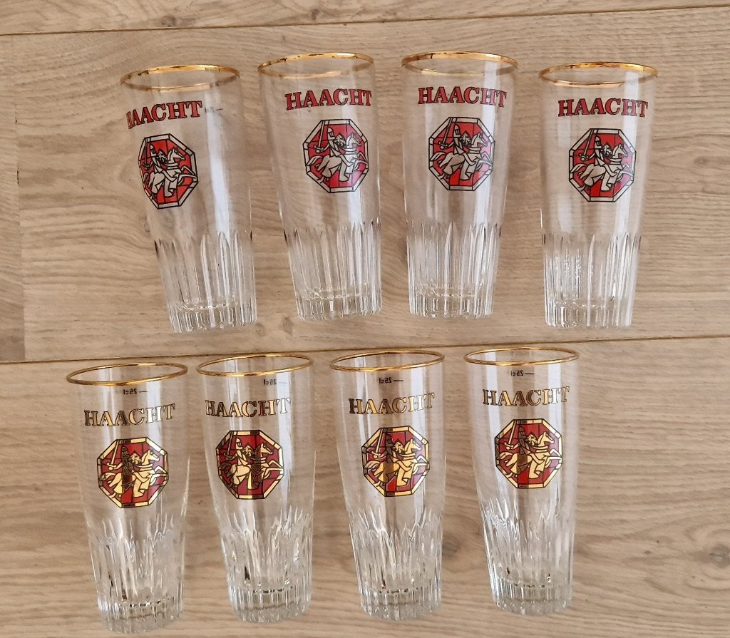 8 vintage Haacht bierglazen uit de jaren '70 (2 modellen), Verzamelen, Ophalen of Verzenden, Zo goed als nieuw, Bierglas